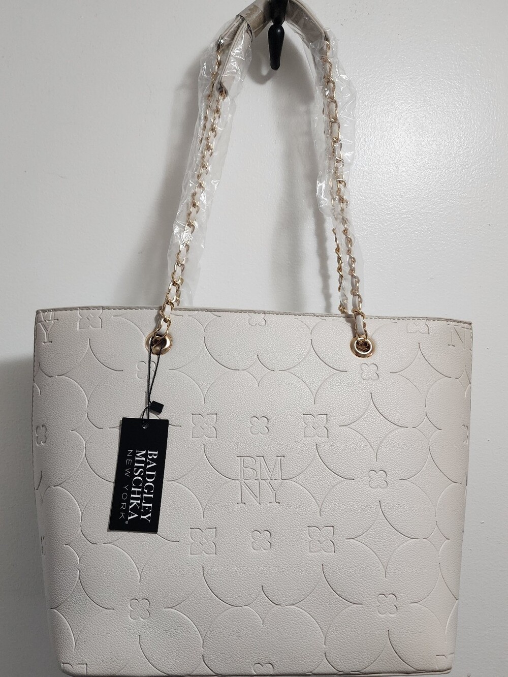 Badgley Mischka Ivory Embossed Tote with Gold Chain Handles